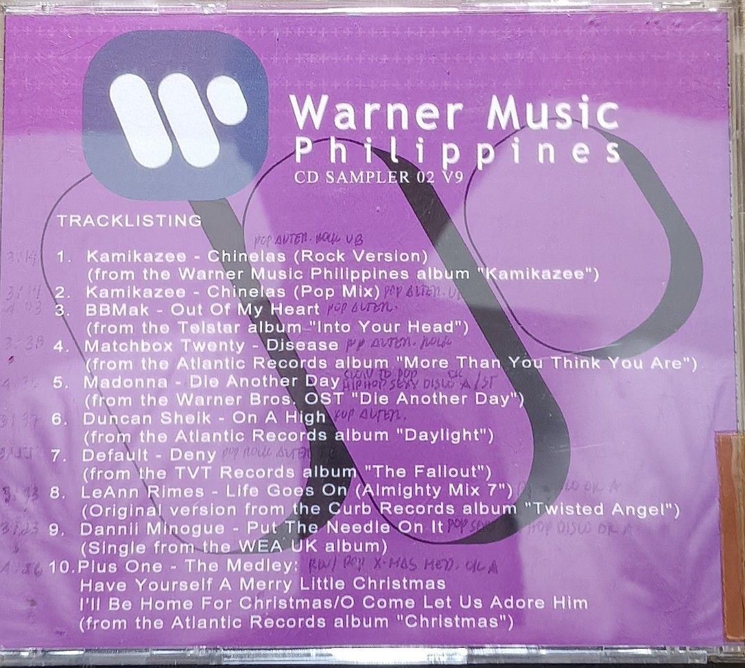 Warner Music Philippines CD Sampler 02 V9 Compilation CD (Category: CDs & DVDs) located in Manila. Submitted by ruelcabrer77078 (Listing ID 1464556029, Image 3). Description: - Warner Music Philippines CD Sampler 02 V9 - Features popular artists: Kamikazee, BBMak, Matchbox Twenty, Madonna, Duncan Sheik, Default, LeAnn Rimes, Dannii Minogue, and Plus One - Includes original album information for each track - A great compilation for fans of these a