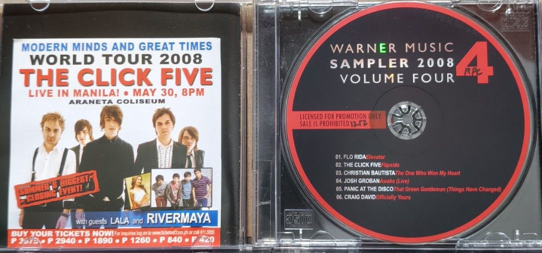Warner Music Sampler 2008 Volume 4 CD (Category: CDs & DVDs) located in Manila. Submitted by ruelcabrer77078 (Listing ID 1464555969, Image 2). Description: - Warner Music Sampler 2008 Volume 4 CD - Features artists like Flo Rida, The Click Five, Christian Bautista, Josh Groban, Panic! At The Disco, and Craig David - This is a promotional copy (Sale Prohibited) - A fantastic collection of popular songs from 2008.