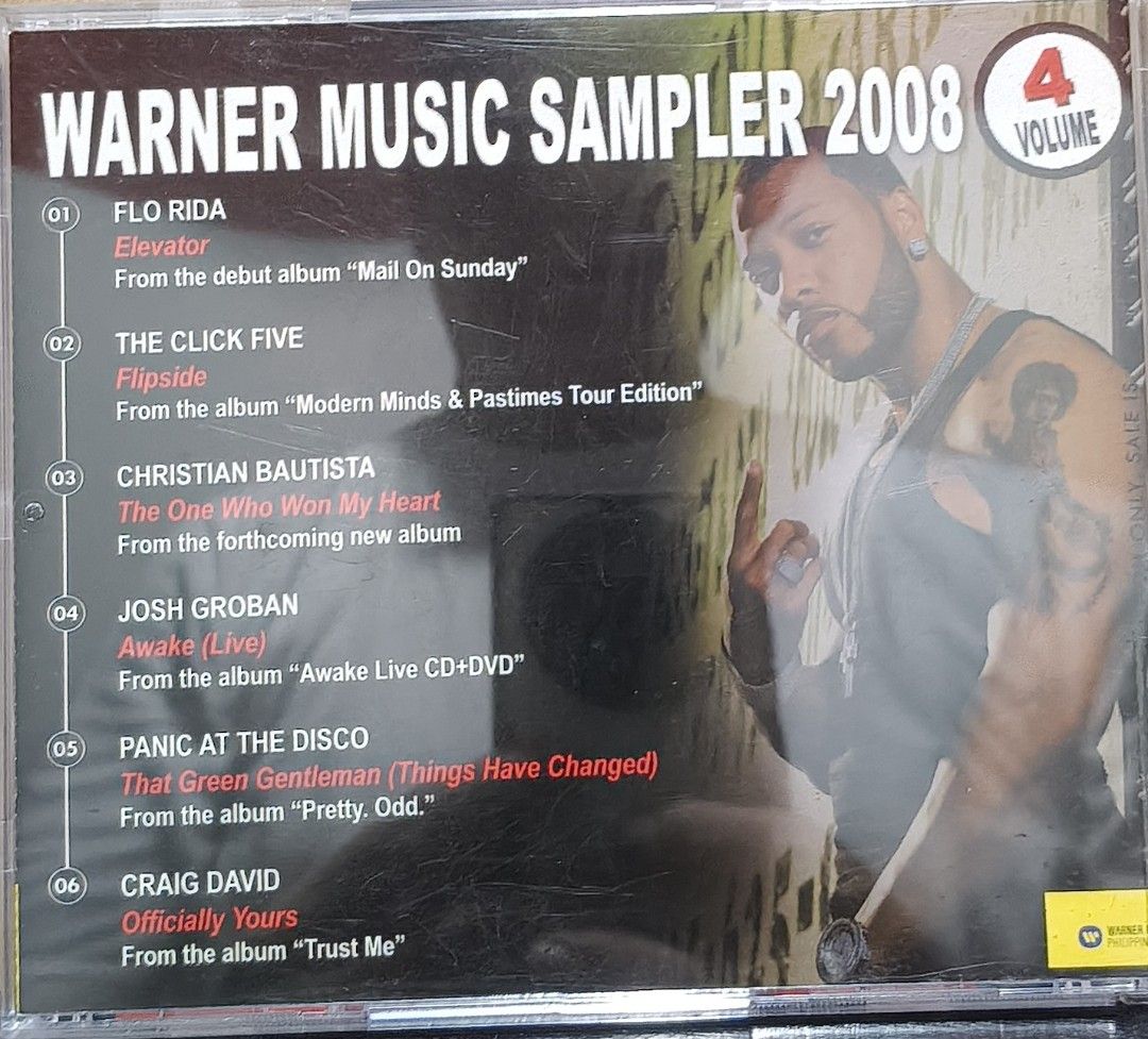 Warner Music Sampler 2008 Volume 4 CD (Category: CDs & DVDs) located in Manila. Submitted by ruelcabrer77078 (Listing ID 1464555969, Image 3). Description: - Warner Music Sampler 2008 Volume 4 CD - Features artists like Flo Rida, The Click Five, Christian Bautista, Josh Groban, Panic! At The Disco, and Craig David - This is a promotional copy (Sale Prohibited) - A fantastic collection of popular songs from 2008.
