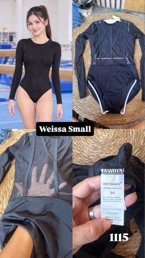 Weissman Black Long Sleeve Leotard SA (Category: Longsleeves) located in Malabon City. Submitted by lheithriftshop (Listing ID 1464396762, Image 1). Description: - Black long sleeve leotard from Weissman - Features mesh detailing on bodice and sleeves - Size SA - Made in China - Ideal for gymnastics or dance.