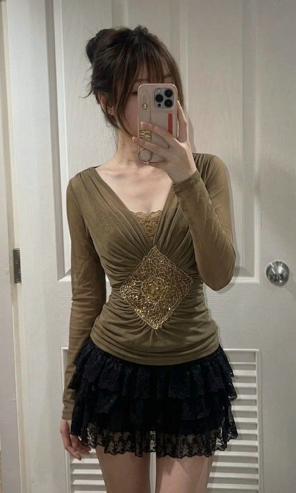 Whimsigoth Olive Sheer Top w/ Rhinestone (Category: Longsleeves) located in Manila. Submitted by cheezynutzyfriez (Listing ID 1464326500, Image 1). Description: stretchy, fitted.
