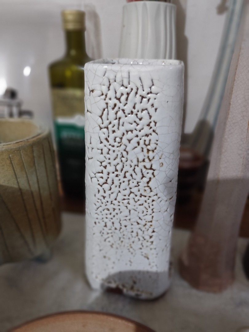 White Crackle Glaze Ceramic Vase (Category: Vases & Decorative Bowls) located in Manila. Submitted by marriage031073advocate (Listing ID 1464418268, Image 1). Description: - Unique white ceramic vase - Crackle glaze finish, denser at the top - Rectangular shape - Rustic, handmade aesthetic - Ideal for dried flowers or as a decorative accent - Approximately [insert height here] tall.