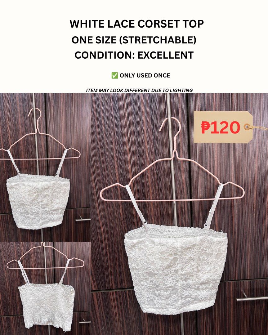 White Lace Corset Top One Size Stretchable (Category: Sleeveless) located in Cebu City. Submitted by pau.ky (Listing ID 1464486847, Image 1). Description: -RFS: Decluttering - White lace corset top - Stretchy material, fits one size - Used only once - Versatile: wear on its own or layer - Super cute and trendy design.