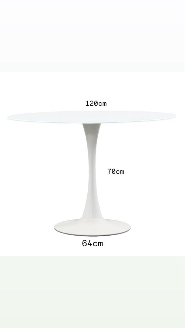 White Tulip Style Round Dining Table (Category: Tables & Sets) located in Pasig City. Submitted by jesych (Listing ID 1464371468, Image 1). Description: - Round white dining table - Dimensions: 120cm diameter, 70cm height - Base width: 64cm - Comfortably seats 4-6 people - Ideal for dining rooms or kitchens - Simple, modern design.