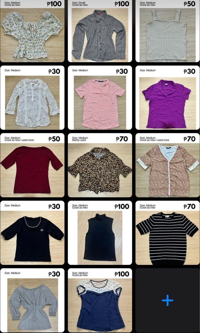 Women’s Tops Bundle (Category: Blouses) located in Valenzuela. Submitted by lixielle (Listing ID 1464426217, Image 1). Description: GET ALL 14 PCS: ₱750 ONLY ‼️ Decluttering some pre-loved pieces Women’s tops & blouses Small to Medium (S–M) 🛍️ Individual prices: ₱30–₱100 each 📌 Minimum of 5 items for individual purchase 🎁 Get all 14 pcs for only ₱750! See photos for individual prices and conditions. 📍Valenzuela City .