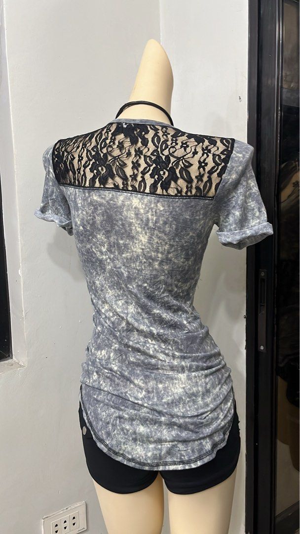 Y2k grunge graphic patchwork tee with lace design, studs and rhinestones (Category: Shirts) located in Caloocan City. Submitted by onlyfromthepast (Listing ID 1464419027, Image 3). Description: 9/10 condition S-m ✅My bio before purchasing tia💕 ✅ All items are fresh from bales, Pls expect dirt,dust or stains .