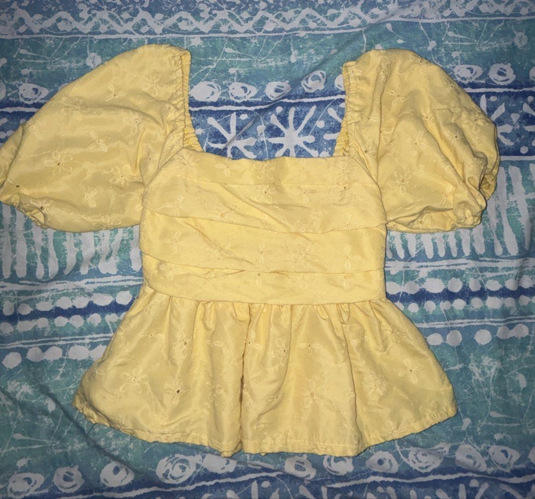 Yellow Peplum Puff Sleeve Top (Category: Others Tops) located in Manila. Submitted by miss_aye (Listing ID 1464441187, Image 1). Description: Yellow puff-sleeve top that can fit petite to medium girlies! 💛 Worn only once. Made of breathable cotton fabric. No stains, tears, or any damage—still in great condition! ✨.