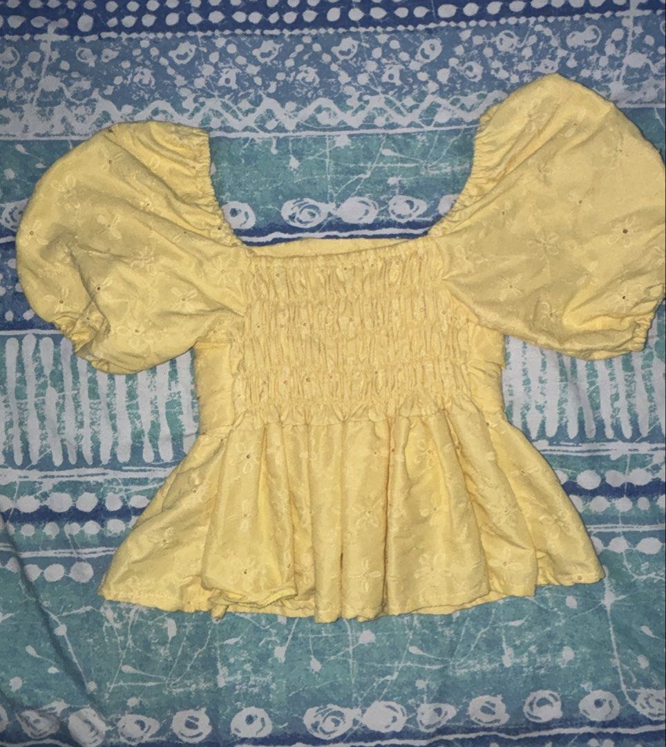 Yellow Peplum Puff Sleeve Top (Category: Others Tops) located in Manila. Submitted by miss_aye (Listing ID 1464441187, Image 2). Description: Yellow puff-sleeve top that can fit petite to medium girlies! 💛 Worn only once. Made of breathable cotton fabric. No stains, tears, or any damage—still in great condition! ✨.