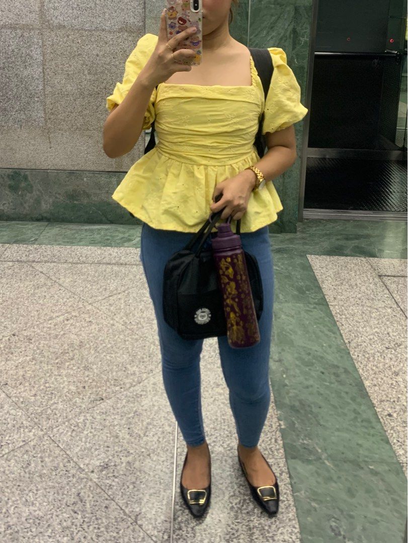 Yellow Peplum Puff Sleeve Top (Category: Others Tops) located in Manila. Submitted by miss_aye (Listing ID 1464441187, Image 3). Description: Yellow puff-sleeve top that can fit petite to medium girlies! 💛 Worn only once. Made of breathable cotton fabric. No stains, tears, or any damage—still in great condition! ✨.