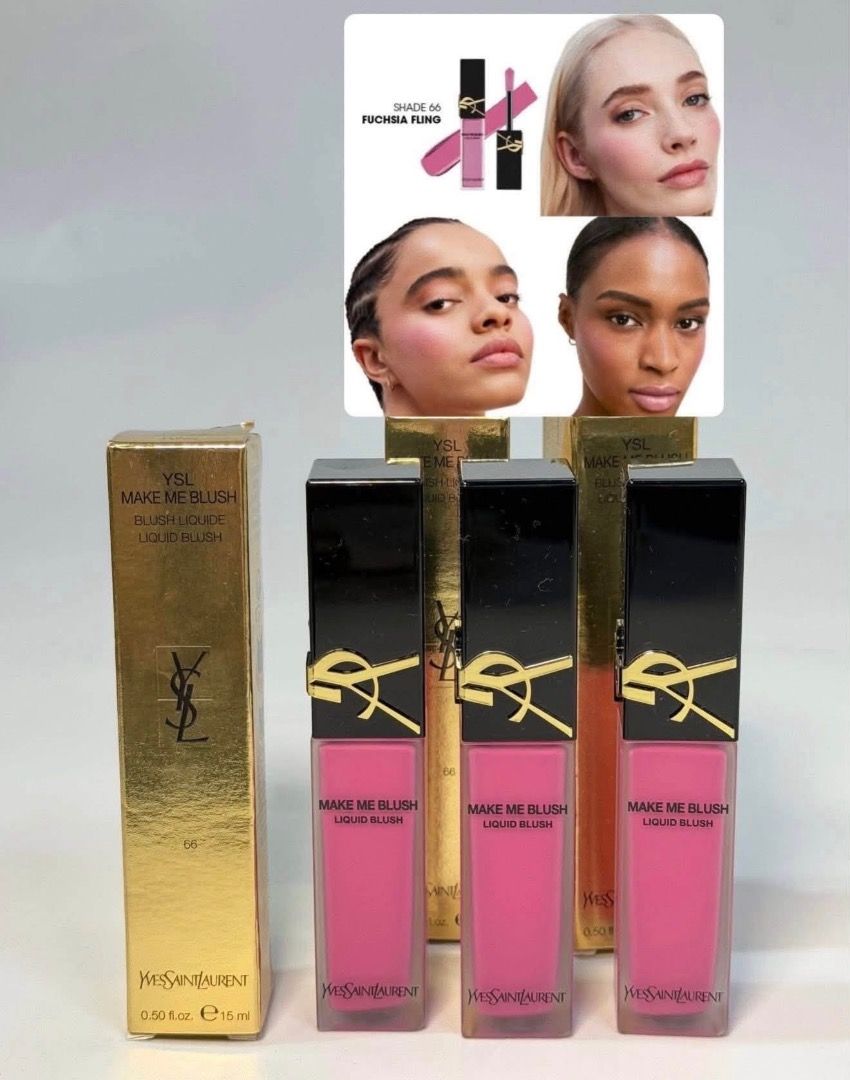 YSL Make Me Blush Liquid & Powder Blushes (Category: Makeup) located in Cebu City. Submitted by kyeshamori24 (Listing ID 1464374614, Image 1). Description: - YSL Make Me Blush Blushes - Available in Liquid and Powder formulas - Shades: - 66 Fuchsia Fling (Liquid) - 44 Nude Lavalliere (Powder) - 87 Pink Voltage (Powder) - Get that perfect flush of color - Great for any makeup look.
