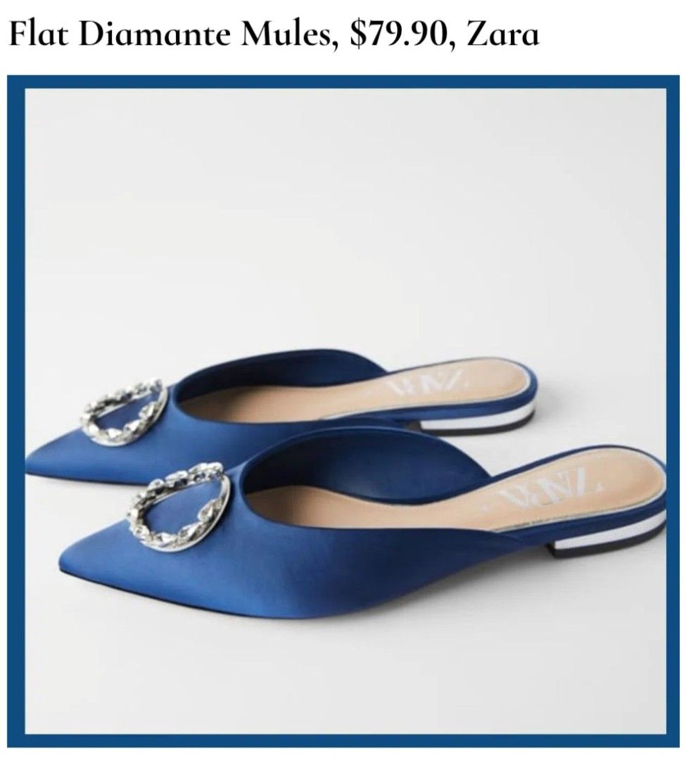 💯Zara Blue Diamante Flat Mules (Category: Flats & Sandals) located in Mandaluyong City. Submitted by arlene2560 (Listing ID 1464398668, Image 1). Description: 💯 ZARA FLAT DIAMANTE MULES. Size 37, fits a 38 or 9.7" insole. Decluttering P1200. Mandaluyong Brand: Zara - Material: Blue Satin - Style: Mules - Toe: Pointed - Detail: Diamante buckle .