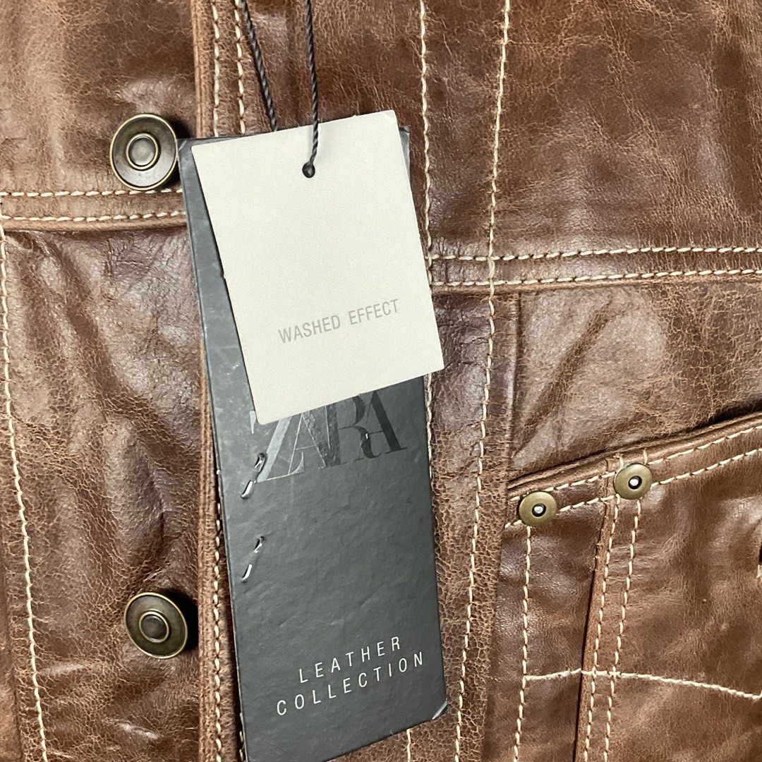 Zara Brown Washed Effect Leather Collection Jacket (Category: Coats, Jackets and Outerwear) located in La Trinidad. Submitted by di_tiyak (Listing ID 1464524681, Image 2). Description: L26 W24 - Zara Cool Brown Leather Jacket - From the Leather Collection with a washed effect - Two chest pockets - Button closure - Lined interior - Made in Pakistan - Size S.