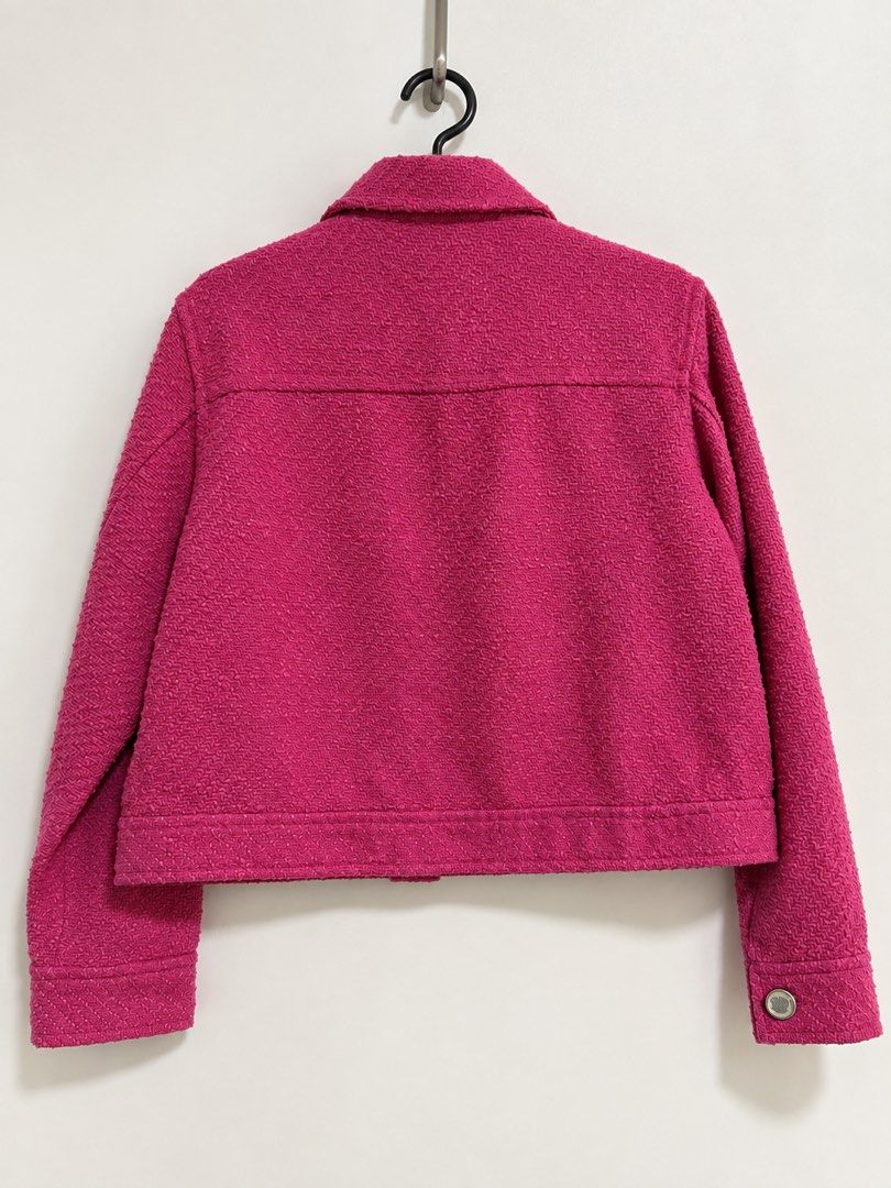 Zara Pink Jacket (Category: Coats, Jackets and Outerwear) located in Manila. Submitted by marieladea47607 (Listing ID 1464462257, Image 2). Description: - Zara pink tweed cropped jacket - Button-up front - Two chest pockets - Button details on cuffs - Rarely used.