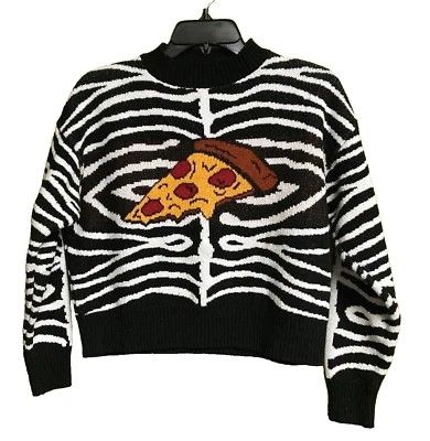 Zara Pizza Graphic Knit Sweater (Category: Longsleeves) located in Pasig City. Submitted by SUGAR_and_SPICE (Listing ID 1464519516, Image 1). Description: - Cool black and white knit sweater - Unique design with a pizza slice in the middle - Mock neck style - Long sleeves with ribbed cuffs and hem - Perfect for a fun, quirky look - Ideal for casual wear or themed events.