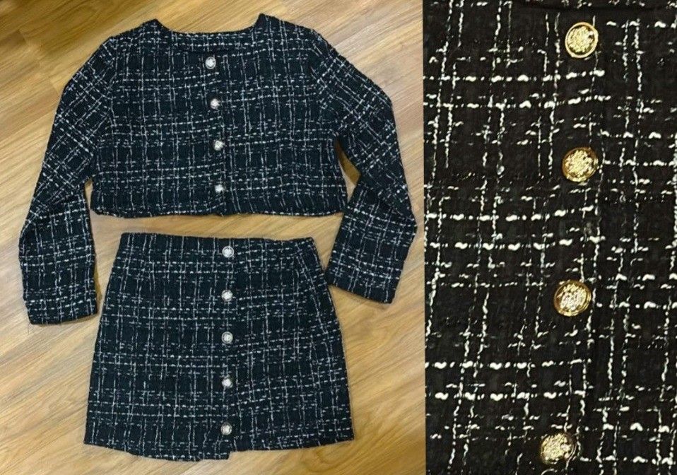 Zara quality Tweed set gold buttons (Category: Sets or Coordinates) located in Makati City. Submitted by brandedshopoffers (Listing ID 1464475570, Image 1). Description: Zara quality gold buttons thick and heavy so classy💗 Size: Medium Price: 1k.
