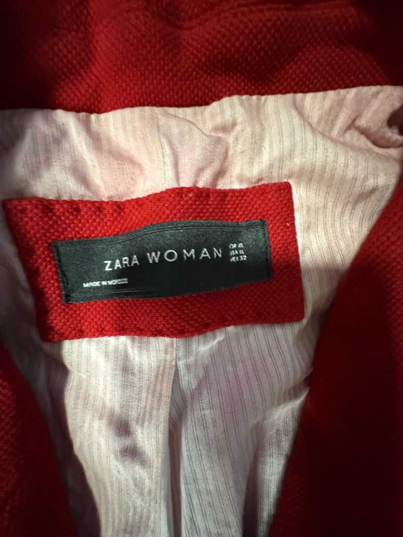 Zara Woman Red Blazer Jacket (Category: Coats, Jackets and Outerwear) located in Quezon City. Submitted by candyclosetph (Listing ID 1464381223, Image 3). Description: - Zara Woman Red Blazer - Single button closure - Two front pockets - Light cream colored lining - Made in Morocco - Perfect for dressing up or down.