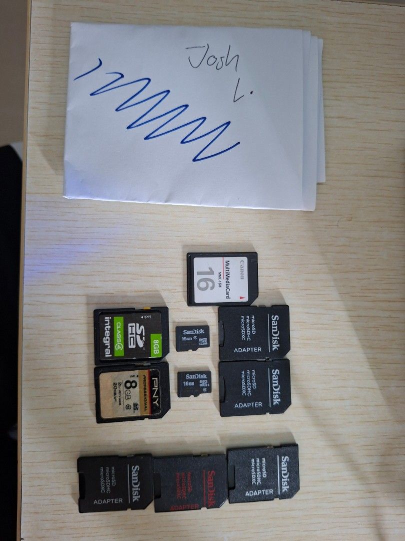 16MB SD Card and Adapters (Category: Memory & SD Cards) located in Bacoor. Submitted by josh_2000 (Listing ID 1464616487, Image 1). Description: Multiple SD Cards for sale. 16GB SanDisc MicroSD Cards with Adapter - SOLD 8GB integra SD Card - SOLD 8GB PNY SD Card - SOLD 16MB Canon MMC card - 100 microSD Card to SD Card adapter - 50 each Both tested and working in Windows and Linux. Discounted if take all. PM for more details..