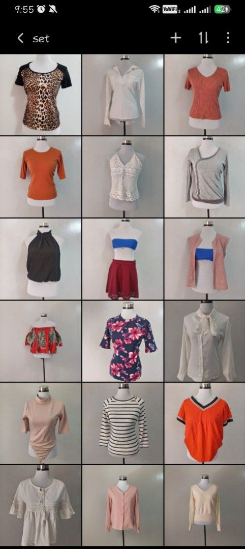 18 pcs bundle of mixed tops (Category: Blouses) located in Paranaque City. Submitted by janella11 (Listing ID 1464600737, Image 1). Description: - Bundle of 18 mixed branded and unbranded tops - Mixed of casual and formal attire - Perfect for adding variety to your wardrobe or for reselling (₱83 each, matutubuan pa) - All are in good condition.