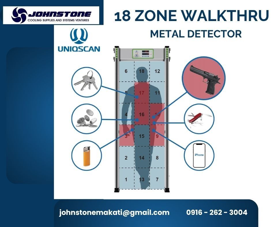 18-ZONE WALK-THROUGH METAL DETECTOR GATE (COMMERCIAL GRADE) (Category: Office & Business Technology) located in Makati City. Submitted by johnstonecoolingmakati (Listing ID 1464578465, Image 1). Description: Heavy-duty 18 multi-zone archway metal detector door frame scanner. Perfect for corporate offices, malls, BPO buildings, schools, hotels, and event venues. ✅ TECHNICAL SPECIFICATIONS: Detection Zones: 18 Overlapping Zones (Head-to-Toe Pinpoin