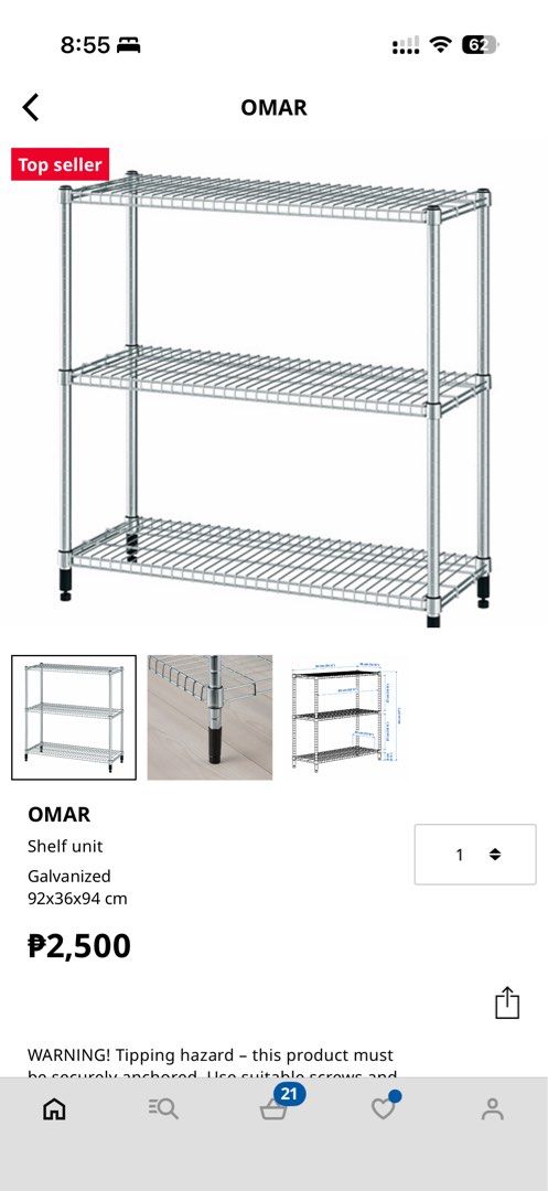 1 set IKEA OMAR Shelf unit Galvanized 92x36x94 cm (Category: Shelves, Cabinets & Racks) located in Manila. Submitted by discel (Listing ID 1464703485, Image 2). Description: - Brand: IKEA OMAR - Condition: Brand new, unopened box straight from the warehouse - Dimensions: 92 x 36 x 94 cm - Material: Heavy-duty galvanized steel with wire shelves - Features: 3 tiers and adjustable legs for uneven floors - Ideal for: Pantry, garage, or storage room o