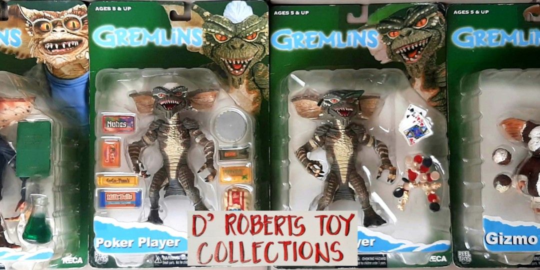 2003 NECA Reel Toys Gremlins Action Figures (Category: Action & Battle Toys) located in Liloan. Submitted by angelyneroberts_171329 (Listing ID 1464702724, Image 1). Description: FOR SALE 2003 NECA Reel Toys Gremlins Action Figures DESCRIPTION : - Gremlin with Accessories. A 7-inch scale Gremlin figure featuring a black jacket, blue shirt, book, and green flask. - Poker Player Gremlin. A Gremlin figure that comes with miniature playing cards and 