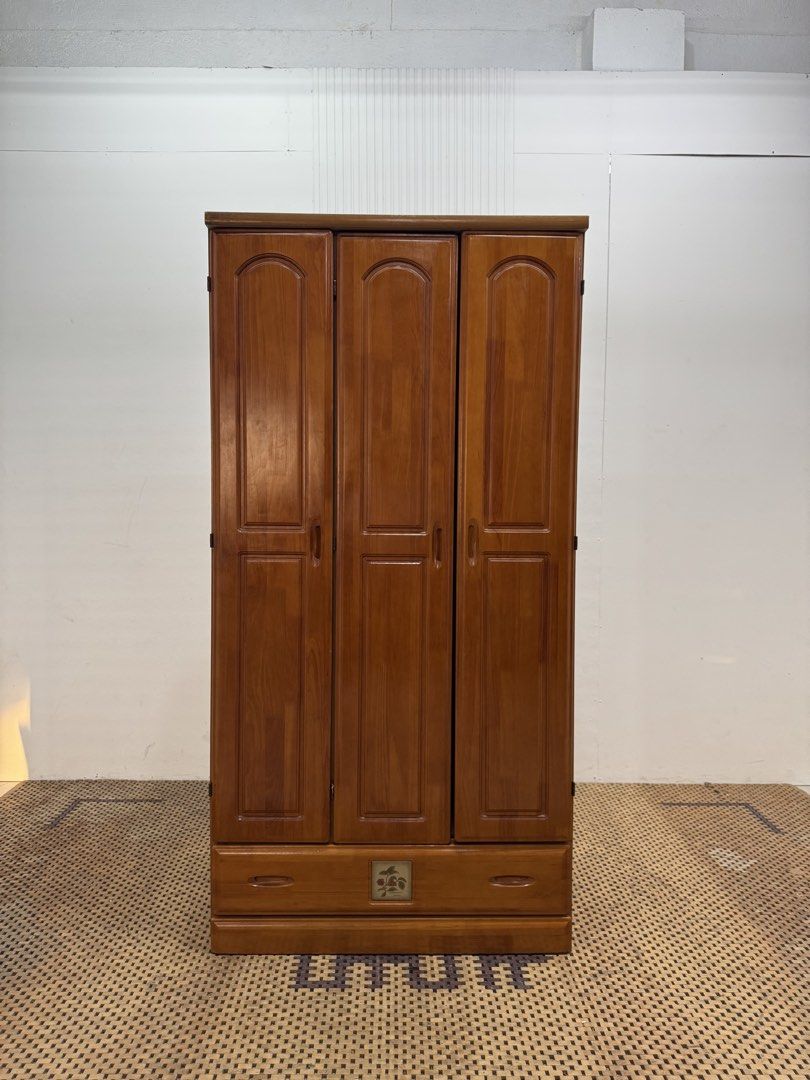 3 door wardrobe (Category: Shelves, Cabinets & Racks) located in Quezon City. Submitted by matetdevis13 (Listing ID 1464640356, Image 1). Description: Wooden 3-Door Wardrobe with a Drawer Price: 10,500 L35.5 x W23 x H70 In good condition Code MJS50-R7.