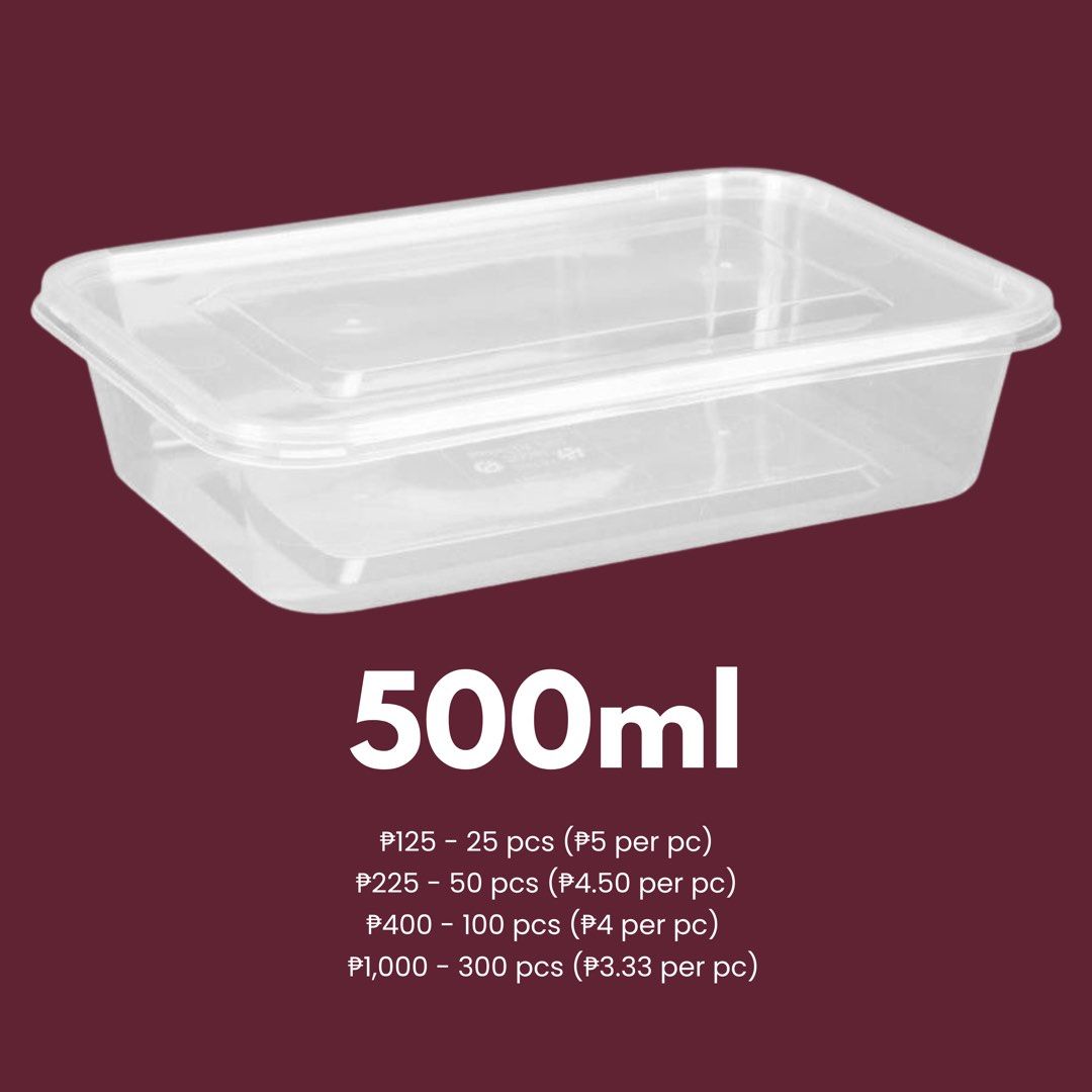 500ml Disposable Food Container with Lid Microwave Safe (Category: Food Organization & Storage) located in Cavite. Submitted by dhen.nehd (Listing ID 1464752939, Image 1). Description: Supplier here! For bulk orders, please message me and let's discuss a fair pricing. Prices (500ml): 125 - 25 pcs (₱5 per pc) ₱225 - 50 pcs (₱4.50 per pc) ₱400 - 100 pcs (₱4 per pc) ₱1,000 (1 box) - 300 pcs (₱3.33 per pc) Product Highlights: • Microwave-Friendly: Ca