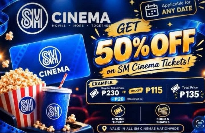 50% OFF SM CINEMA TICKET (ANY BRANCH) (Category: Events Tickets) located in Manila. Submitted by slypof (Listing ID 1464700832, Image 1). Description: Planning a movie night? 🍿 Get your SM Cinema tickets at 50% OFF! 🎟️ Available screens: • Regular Cinema • Director’s Club • ScreenX • IMAX 🍿 50% OFF also applies to selected food & drinks! 📌 Example: Regular Ticket — ₱400 50% OFF — ₱200 💰 You save ₱200! ✨ Advance booking available 📅 Book ahea