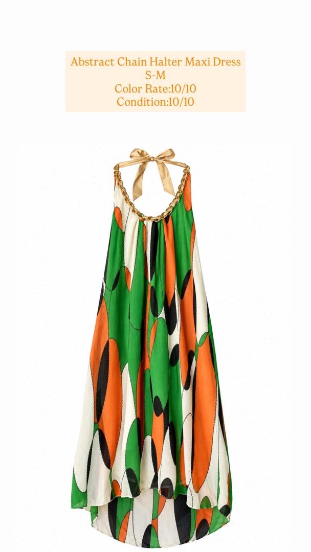 Abstract Chain Halter Maxi Dress (Category: Dresses) located in Iloilo. Submitted by getnagetch (Listing ID 1464703725, Image 1). Description: - Style: Abstract print maxi dress with a flowy silhouette and high-low hemline - Colors: Vibrant green, orange, black, and white patterns - Details: Halter neck with elegant gold chain accent and matching back ribbon tie - Size: Fits Small to Medium - Condition: Pristine, brand new-like condition.