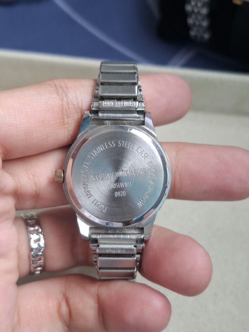 Accutime 2tone Watch (Category: Women's Watches) located in Abucay. Submitted by icia_marie18 (Listing ID 1464576360, Image 2). Description: Accutime Stretchy Watch 2tone issue: minor hairline scratch as a sign of usage price nego japan movement.