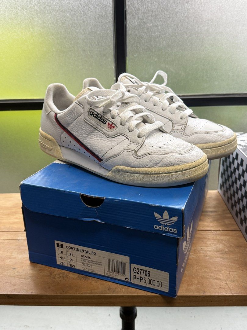 Adidas Continental 80 White Leather Sneakers (Category: Sneakers) located in Bacolod City. Submitted by the_grey (Listing ID 1464620500, Image 1). Description: - Classic Adidas Continental 80 sneakers - White leather with iconic red and navy stripe details - Includes original box - Size: US 8 / UK 7.5 / EU 41.5 / 260mm - Ideal for casual and everyday wear Used and yellowing(looks cool NGL) Can ship for free nationwide, talk to me. .