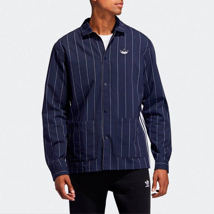 Adidas Navy Pinstripe Track Jacket (Category: Coats, Jackets and Outerwear) located in Manila. Submitted by 0000.ramen (Listing ID 1464611172, Image 1). Description: Adidas Original Pinstripe Large-XL Width 24 Length 30.5 As new condition Issue missing one button.