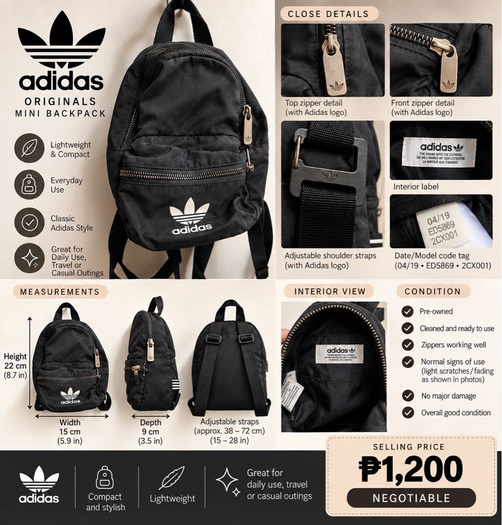 Adidas Originals Mini Backpack Black (Category: Backpacks) located in Quezon City. Submitted by littlecityshop (Listing ID 1464755827, Image 1). Description: - Brand/Model: Authentic Adidas Mini Backpack (Model: ED5869, Mfg: 04/19) - Color: Classic Black with iconic Trefoil logo - Dimensions: 22cm (H) x 15cm (W) x 9cm (D) - Straps: Fully adjustable length from 38cm to 72cm - Features: Lightweight material, smooth-gliding zippers, and a handy fron