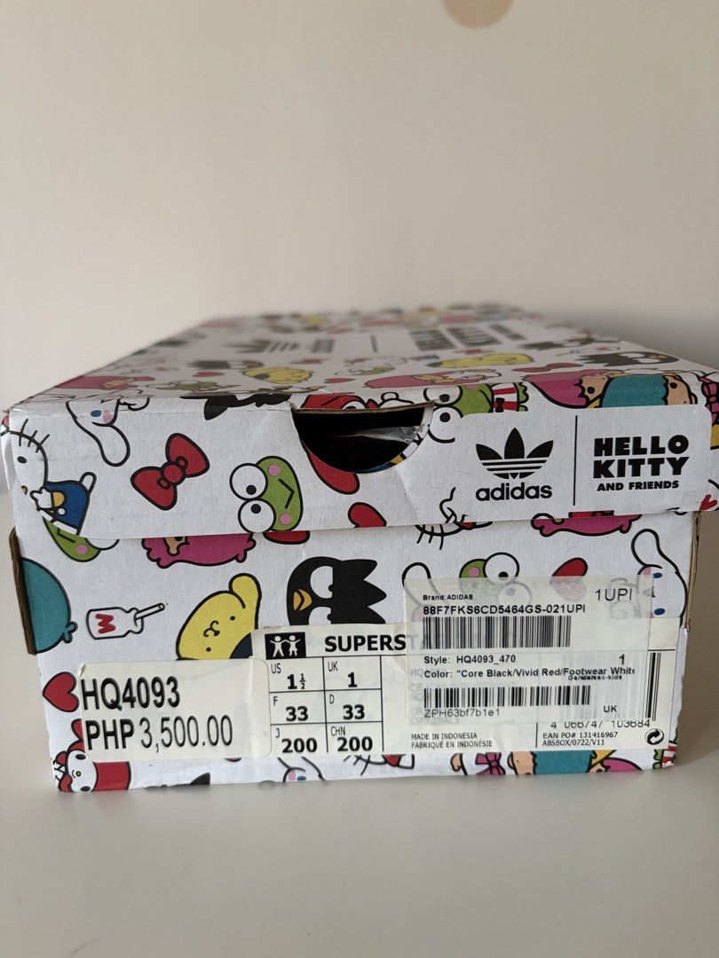Adidas Superstar 360 Hello Kitty and Friends (Category: Babies & Kids Fashion) located in Pasig City. Submitted by jackiedla (Listing ID 1464765683, Image 3). Description: - Brand: Adidas Superstar x Kitty and Friends - Colorway: Core Black and Vivid Red - Size: Kids US 1.5 / UK 1 / French 33 - Design: Iconic shell toe with oversized Kitty face patches and hexagonal outsoles - Condition: Complete with original character-printed shoebox - Perfect 
