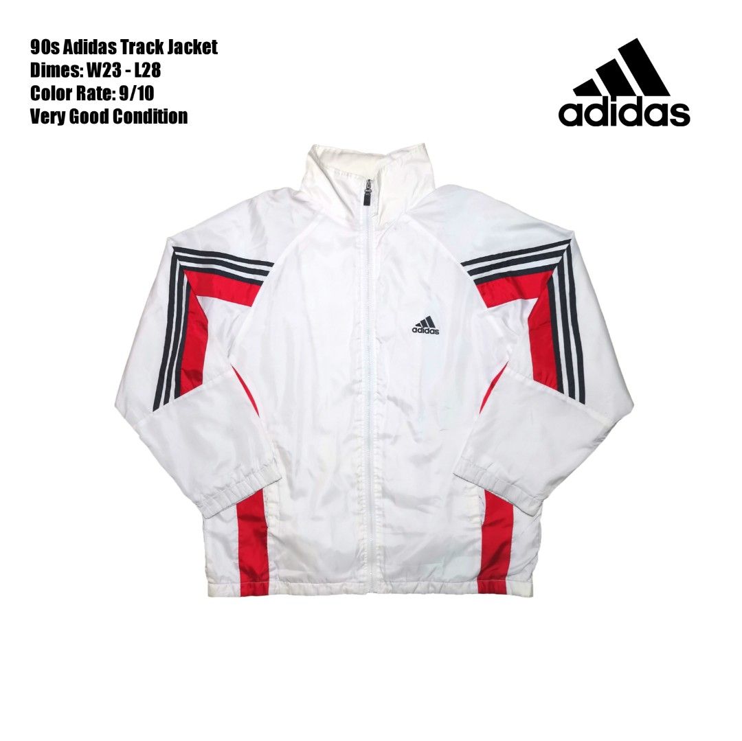 Adidas White Track Jacket with Red and Black Stripes (Category: Coats, Jackets and Outerwear) located in Roxas, Palawan. Submitted by mnavt (Listing ID 1446647359, Image 1). Description: - Dimes: 23x28 - Classic Adidas track jacket - Color: White with iconic red and black stripes on sleeves and sides - Features: Full zip closure, stand-up collar - Versatile: Great for sports or casual wear - Style: Looks sharp and stylish.