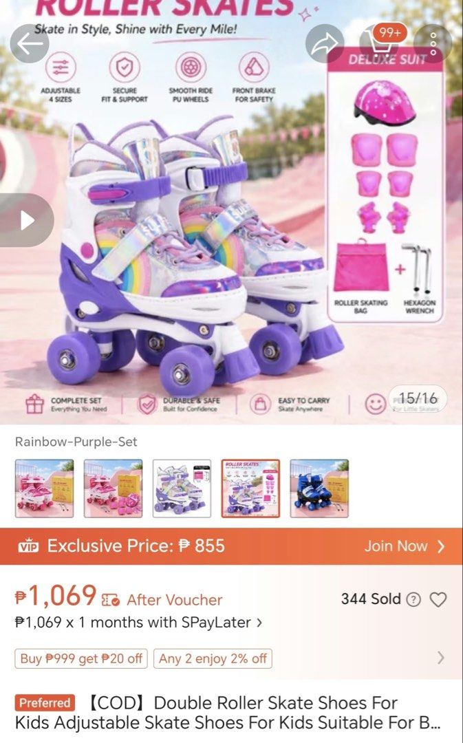Adjustable Roller Skates Set with Helmet and Pads (Category: Skates, Rollerblades & Scooters) located in Manila. Submitted by _purpleloved (Listing ID 1464673228, Image 1). Description: - Rainbow purple roller skates for kids - Adjustable to 4 sizes for a perfect fit - Smooth ride with PU wheels - Front brake for safety - Complete set includes helmet, knee pads, elbow pads, and wrist guards - Comes with a roller skating bag and hexagon wrench - E