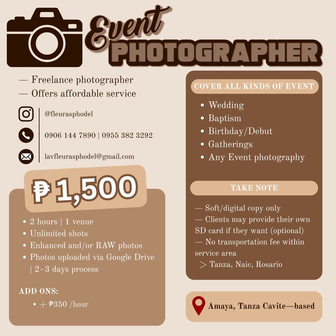 affordable Event photographer | Tanza Cavite (Category: Cameras) located in Cavite. Submitted by she.zie77e (Listing ID 1464653886, Image 1). Description: Send us a message for availability ^^ 📍Tanza Cavite.