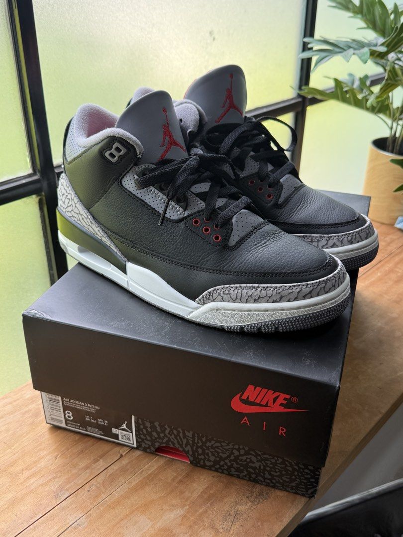 Air Jordan 3 Retro "Black Cement" Size 8 (Category: Sneakers) located in Bacolod City. Submitted by the_grey (Listing ID 1464595604, Image 2). Description: - Air Jordan 3 Retro - Colorway: Black Cement - Size: US Men's 8 - Includes original box - Ideal for collectors and everyday wear Legit TITAN app release have digital receipt Personal pairs, never abused. Need to declutter, negotiable just talk to me. Payments via BPI QR Shipping via LbC Locat