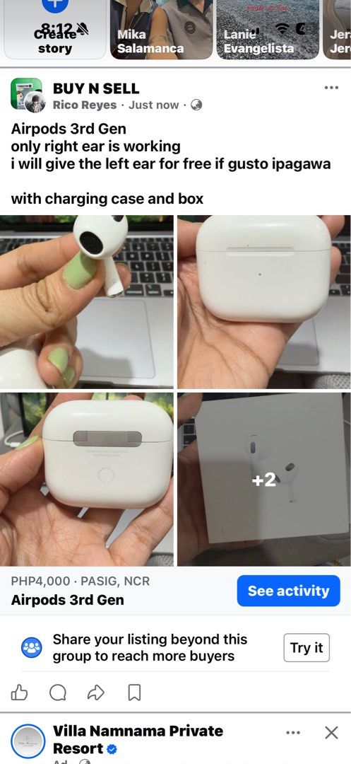 Airpods 3rd Gen with Charging Case and Box (Category: Earphones) located in Pasig City. Submitted by rossie_rossie (Listing ID 1464643600, Image 1). Description: - Apple Airpods 3rd Generation - Right earbud is fully functional - Left earbud included for repair purposes (free) - Comes with original charging case - Original packaging included - Original purchase price: PHP 10,990.00 .