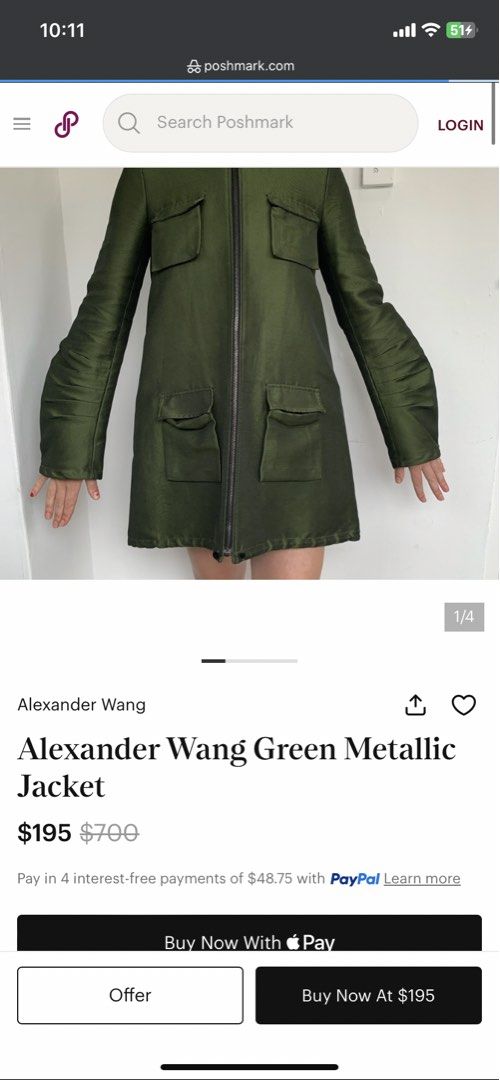 ALEXANDER WANG GREEN METALLIC JACKET (Category: Coats, Jackets and Outerwear) located in Cagayan de Oro. Submitted by yooow.c (Listing ID 1464747409, Image 1). Description: 18 x 30 - excellent condition - need wash lang - hard fabric - single stitch like vintage style - no hood lang.