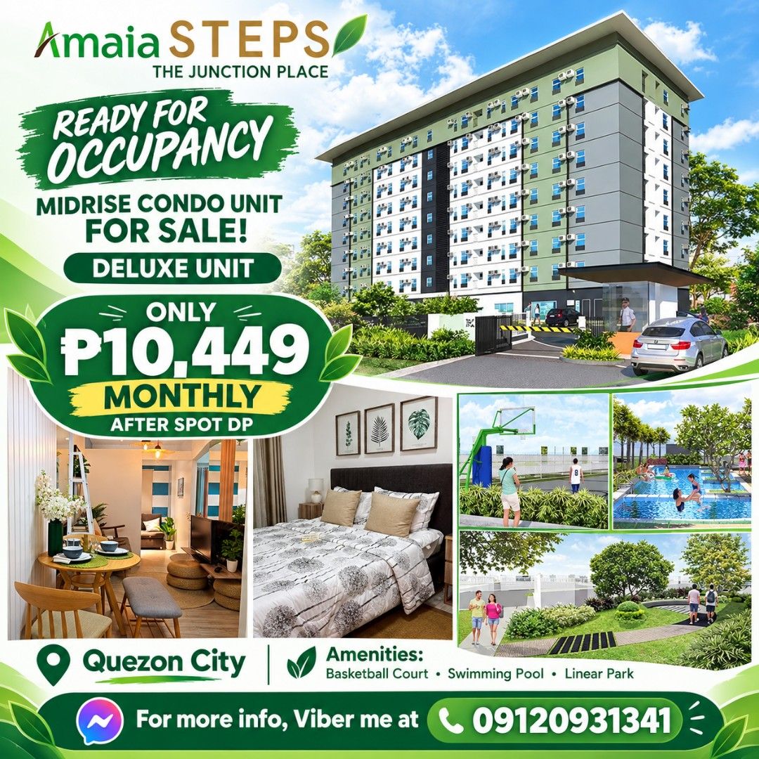 AMAIA STEPS THE JUNCTION PLACE (Category: Apartments & Condos) located in Pasay City. Submitted by nildzpedrosa (Listing ID 1464763908, Image 1). Description: 🏡 READY FOR OCCUPANCY! 🏡 ✨ Amaia STEPS – The Junction Place 📍 Quezon City Looking for a move-in-ready condo? This Deluxe Midrise Condo Unit could be your next home or investment! 💚 Only ₱10,449 monthly after Spot DP! 🏢 Ready for Occupancy 🏠 Deluxe Unit 🏊 Swimming Pool 🏀 Basketball C