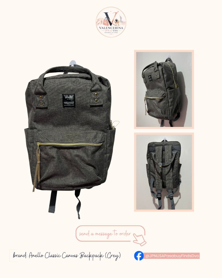 Anello Classic Canvas Backpack (Grey) (Category: Backpacks) located in Caloocan City. Submitted by jpnusapasabuyfindsdvo (Listing ID 1463281644, Image 1). Description: Upgrade your daily commute or casual travels with this stylish and highly functional Anello classic backpack. Known for its signature wide-opening main compartment and sturdy wireframe design, this bag features a spacious interior, convenient side bottle pockets, a front zippered c