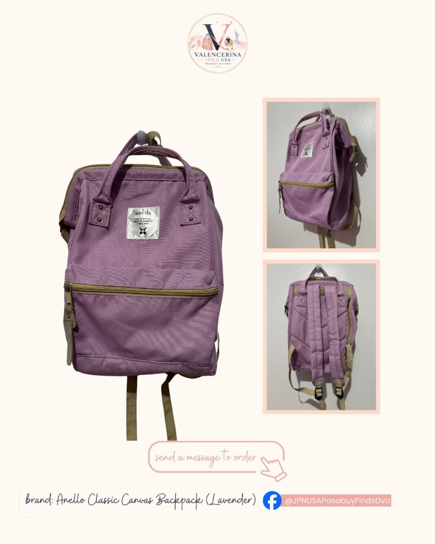 Anello Classic Mini Canvas Backpack (Lavender/Purple) (Category: Backpacks) located in Caloocan City. Submitted by jpnusapasabuyfindsdvo (Listing ID 1463280251, Image 1). Description: Add a pop of color to your daily look with this compact and adorable Anello mini backpack. It features the brand's iconic wide hinged opening for easy access, convenient front and side pockets, durable top carry handles, and adjustable shoulder straps, making it per