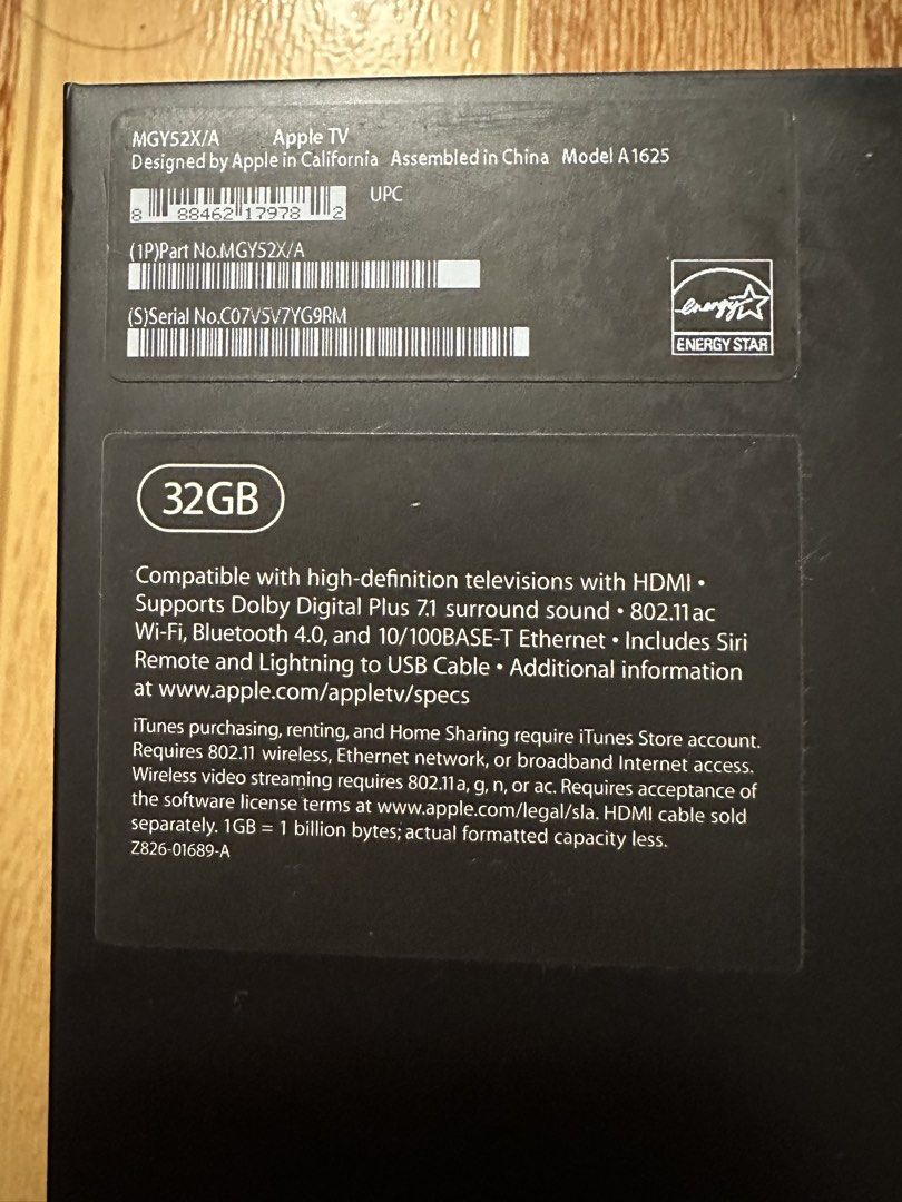 Apple TV 32GB (Model A1625) with Siri Remote (Category: TV Parts & Accessories) located in Cainta. Submitted by chezkamae_deguzman (Listing ID 1464592967, Image 2). Description: - Apple TV 32GB (Model A1625) - Connects to High-Definition TVs via HDMI - Supports 802.11ac Wi-Fi, Bluetooth 4.0, and Ethernet - Includes Siri Remote and Lightning to USB Cable - Compatible with Dolby Digital Plus 7.1 surround sound.