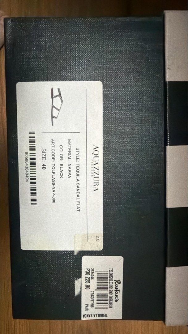 Aquazzura Tequila Sandals (Category: Flats & Sandals) located in Marikina City. Submitted by mommymishy (Listing ID 1464762066, Image 3). Description: - Brand: Aquazzura - Style: Tequila Flat Sandals - Color: Black - Material: Nappa leather with crystal embellishments - Size: EU 40 - Closure: Ankle buckle - Inclusions: Original purple dust bag and box - Provenance: Purchased from Rustan's (100% authentic).