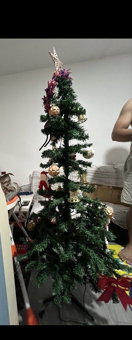Artificial Christmas Tree with Ornaments (Category: Artificial Plants & Flowers) located in Pasig City. Submitted by ihma29 (Listing ID 1464591910, Image 2). Description: - Includes ornaments: bells, baubles, and star topper ( not entirely same sa pics yung makukuhang decor kase baka magkulang lang pero may kasama po na madami. - 4 or 5 ft. Not sure na. - 2 Christmas lang nagamit saglit lang naitayo per holiday - slim, good for small space No pic