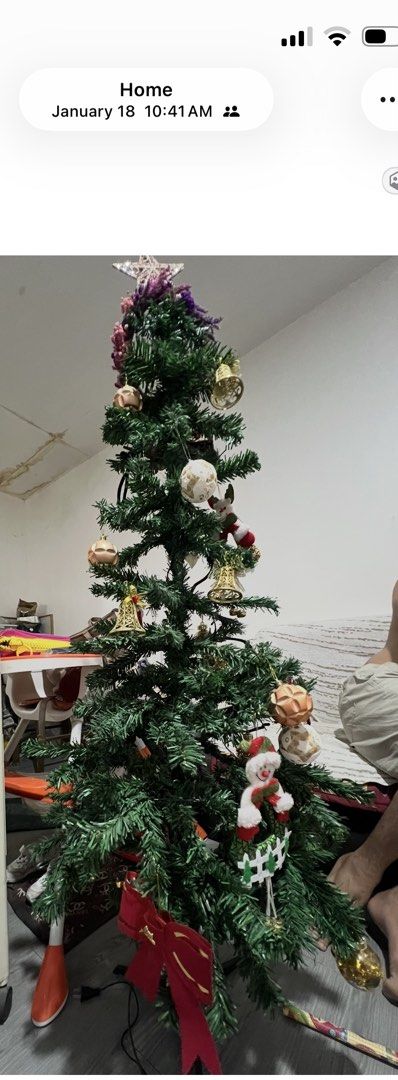 Artificial Christmas Tree with Ornaments (Category: Artificial Plants & Flowers) located in Pasig City. Submitted by ihma29 (Listing ID 1464591910, Image 1). Description: - Includes ornaments: bells, baubles, and star topper ( not entirely same sa pics yung makukuhang decor kase baka magkulang lang pero may kasama po na madami. - 4 or 5 ft. Not sure na. - 2 Christmas lang nagamit saglit lang naitayo per holiday - slim, good for small space No pic