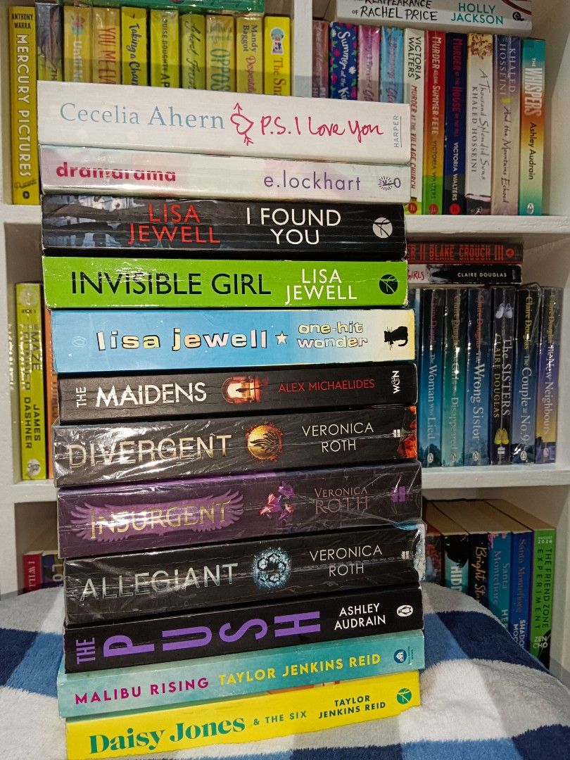 Assorted Fiction and Thriller Novels Lot (Category: Storybooks) located in Manila. Submitted by rosareads (Listing ID 1464730364, Image 1). Description: - Genre: Romance, YA Dystopian, and Mystery/Thriller 160-650 pesos only - Featured Authors: Lisa Jewell, Veronica Roth, Taylor Jenkins Reid, Cecelia Ahern, Alex Michaelides - Notable Titles: P.S. I Love You, The Maidens, Divergent series, Malibu Rising, Daisy Jones & The Six - Condition: Great mi