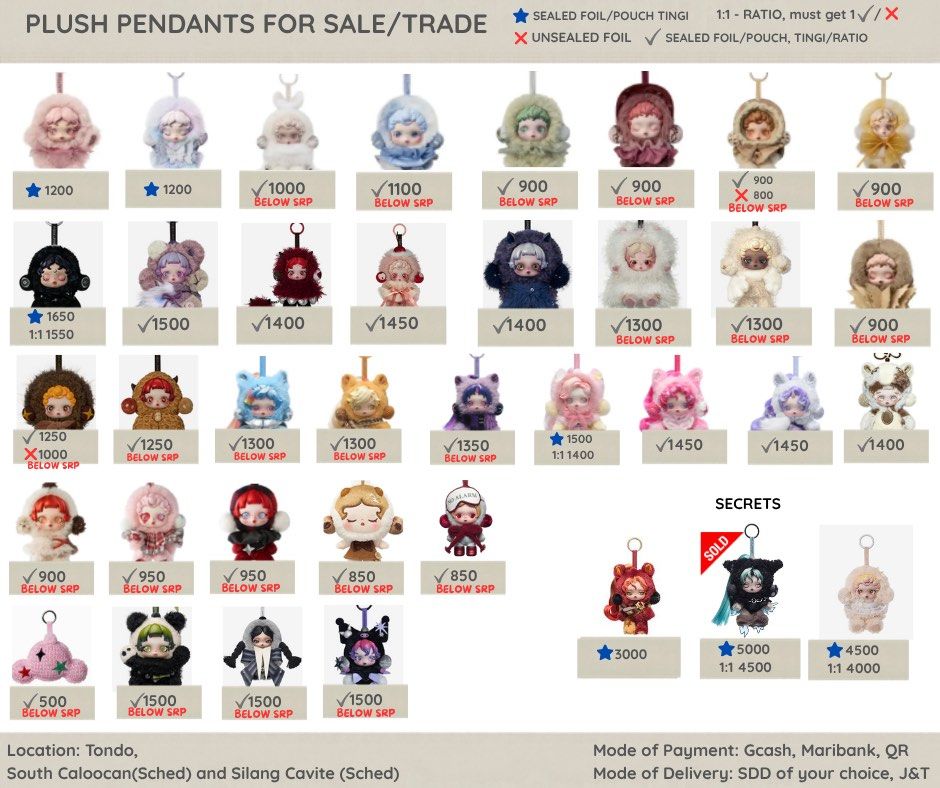 Assorted Skullpanda Plush pendants for sale (Category: Plushies & Soft Toys) located in Manila. Submitted by lebronlabubu (Listing ID 1464610266, Image 1). Description: - Authentic plush pendants, sealed in foil/pouch (unless stated otherwise). - Wide price range: ₱500 to ₱5,000, depending on the design. - Some designs are 1:1 ratio. - Please check photos for specific prices and available designs. - Pick-up locations: Tondo, South Caloocan, and S