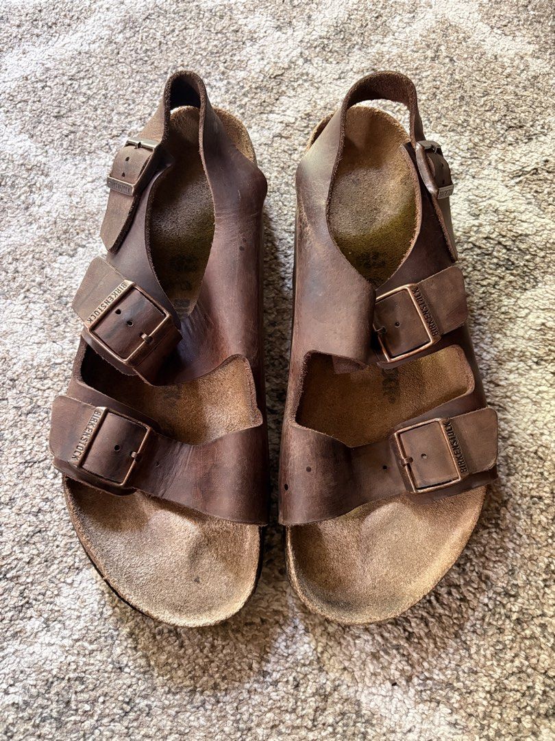 Auth Preloved Birkenstock Milano (Category: Shoe inserts & accessories) located in Paranaque City. Submitted by silentstone.dolphin (Listing ID 1464664214, Image 1). Description: Oiled Leather Material.. Brass Buckle.. Visible Print.. Size 43-44eur.. Clean&Ready to Wear✅ Super Gwapo in Actual😍.